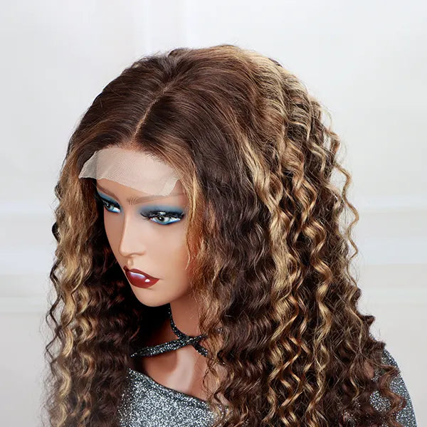 Curly Hair Brown Color with Blonde Highlights 4x4 HD Lace Wig