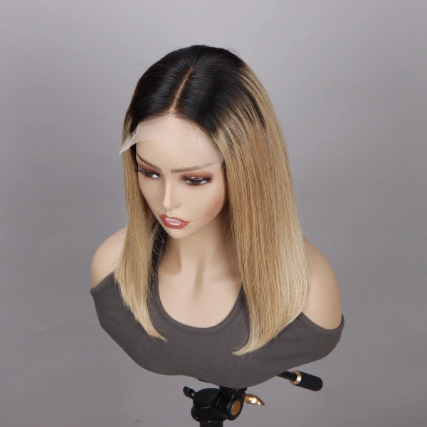 Dirty Blonde Color with Black Roots Straight Hair Bob Wigs 5x5 HD Lace Wig