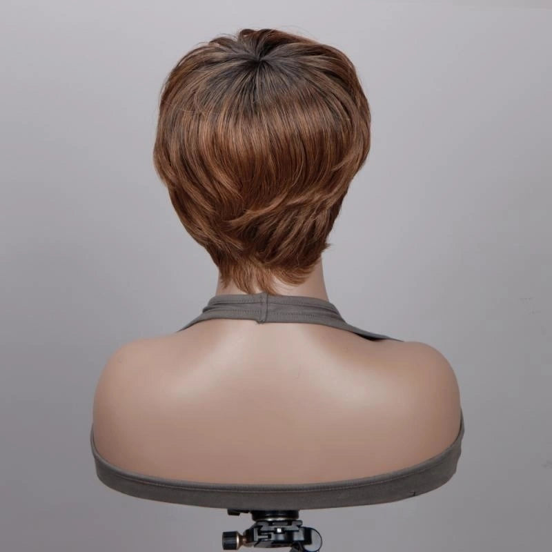 Ombre Caramel Brown Short Pixie Cut Wig Straight Human Hair  display picture 1