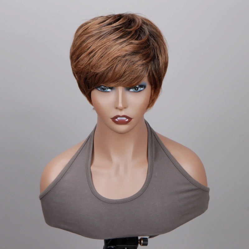 Ombre Caramel Brown Short Pixie Cut Wig Straight Human Hair Glueless