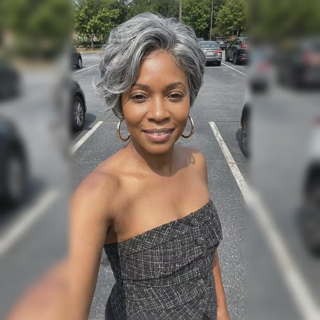 Short Pixie Cut Human Hair Wig Salt and Pepper Gray Black Mixed 60# Color Short Pixie Cut Wigs with Bangs for Women Black with Gray  main image 4