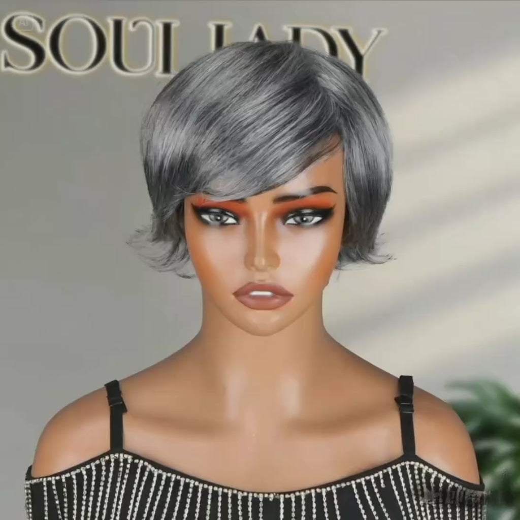 Summer Trend | Soul Lady Salt & Pepper Short Pixie Cut Glueless Human Hair Gray Wig With Retro Flip Ends-video