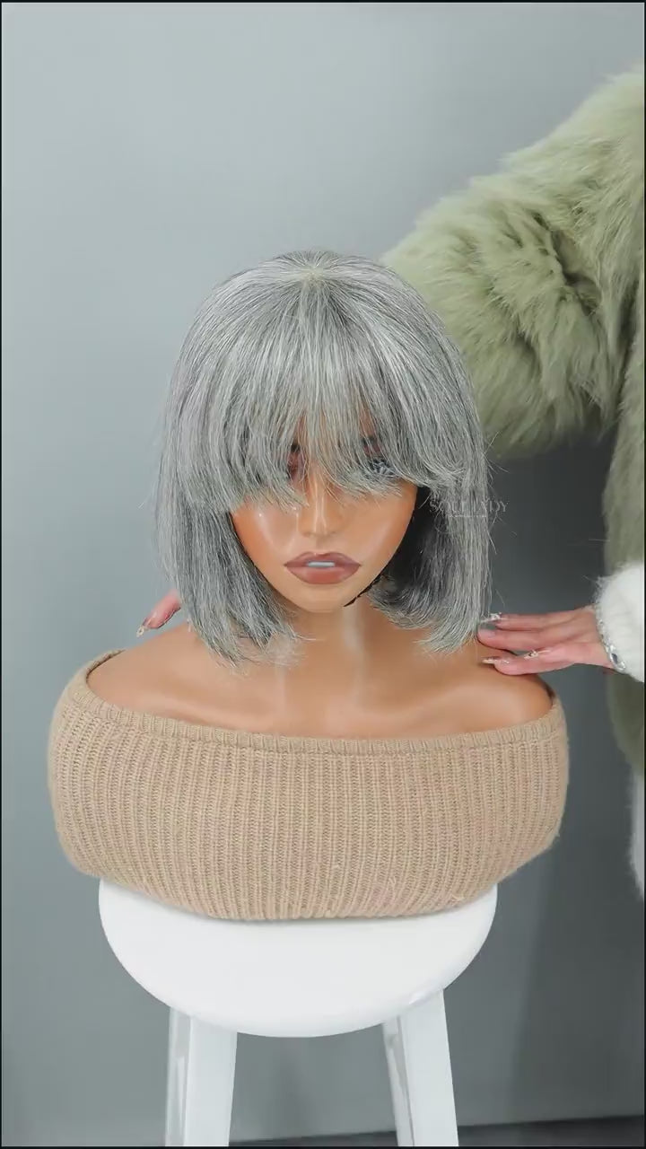 Soul lady wigs Medium Salt And Pepper Swiss Lace Toppers Straight Human Hair Crown Picese For women with Thinning Hair