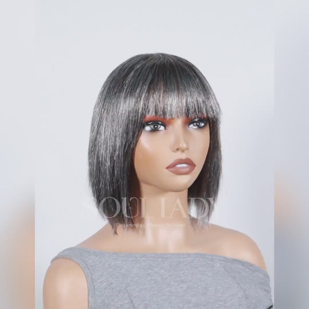 Trendy Salt & Pepper Short Straight Bob Wig With Bangs Real Human Hair Glueless Wigs For Seniors-videl