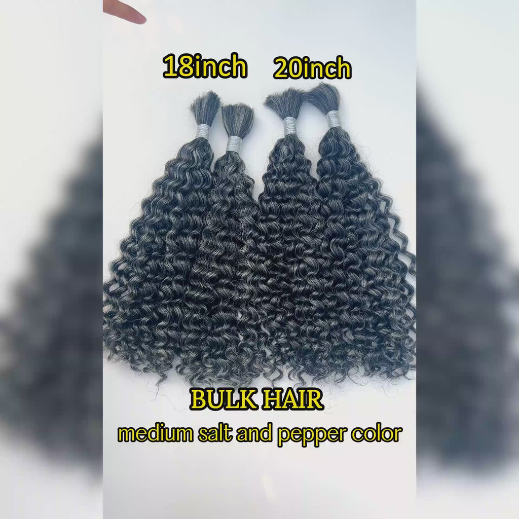 Soul Lady Wigs | medium salt and pepper human hair bulk water wave hair texture for braiding - video for curly bulk hair in 18 inch and 20 inch