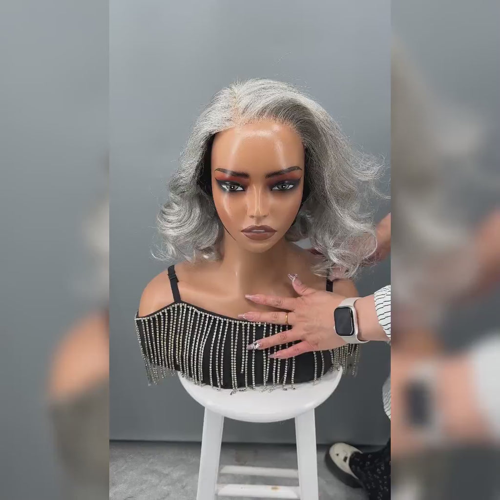 Soul Lady wigs - Seniors Pale Gray Wig 5x5 HD Lace Real Human Hair Light Salt And Pepper Loose Wavy Wigs For Older Women Over 50- model at mz.youshib-video