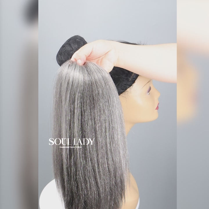 Soul lady wigs Silver Gray Drawstring Ponytail Hair Salt And Pepper Straight Human Hair Extensions clip in ponytail for quick hairstyle-installing video