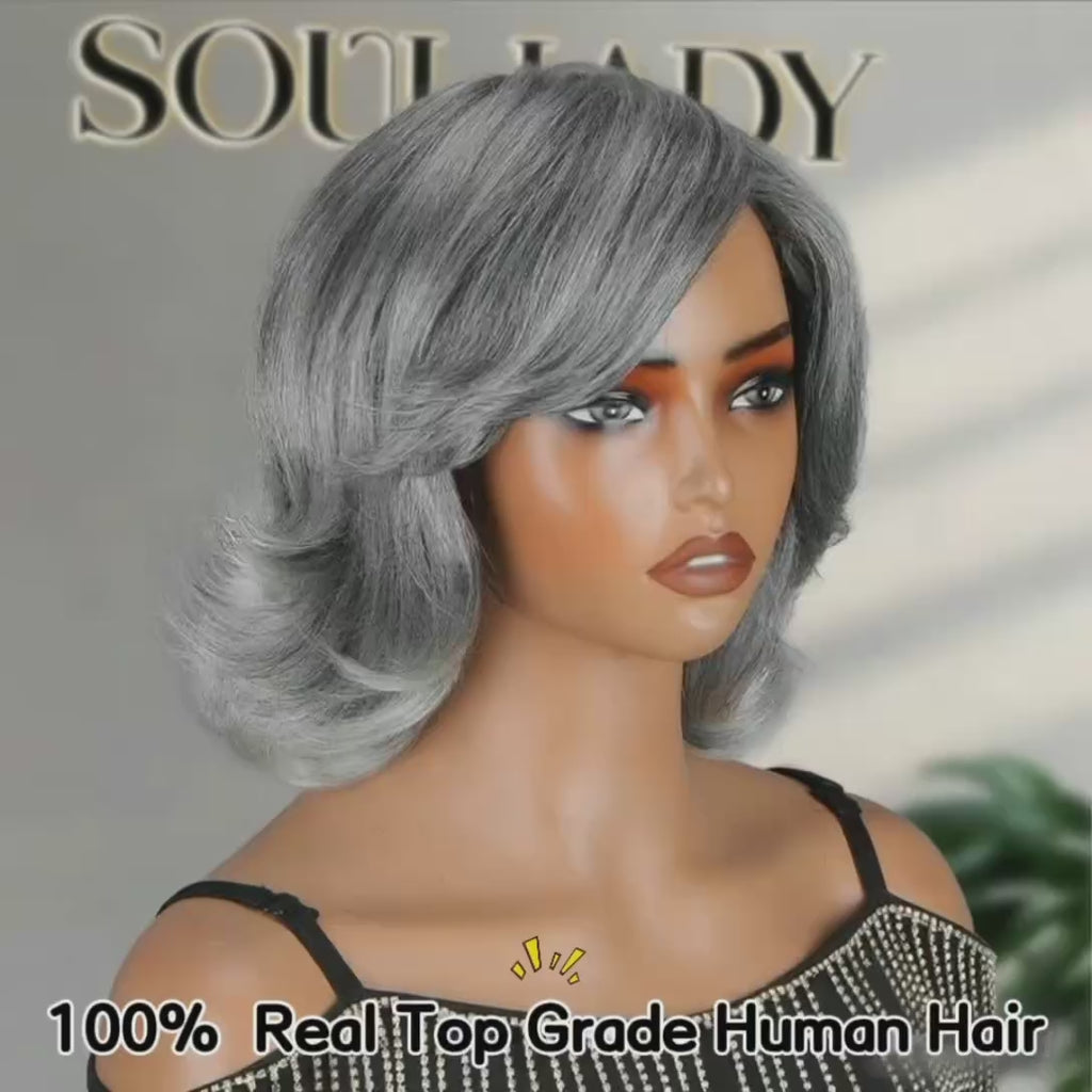 Summer Trendy Salt And Pepper Gray Human Hair Wig – Retro Flip Layered Cut, Glueless, Natural Look Straight Wig for Women