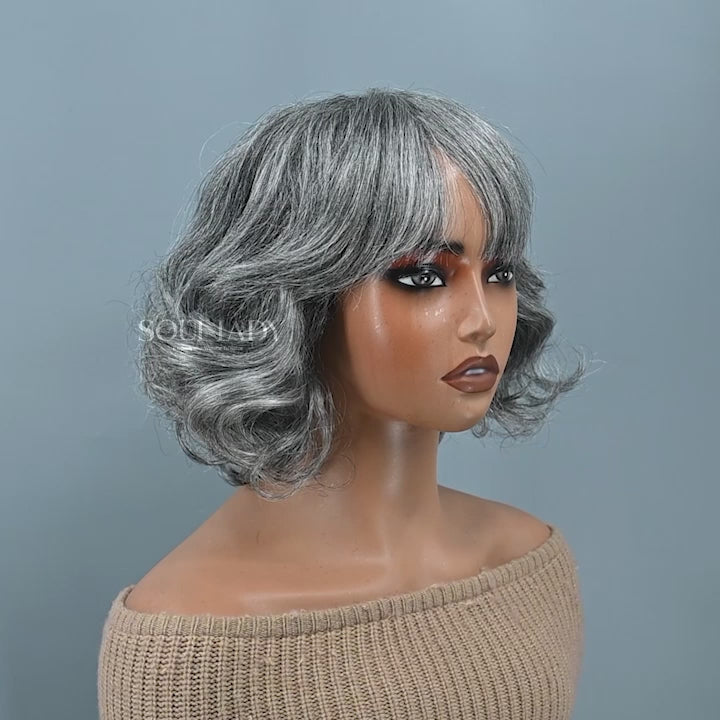 Soul Lady Beginner Friendly Salt and Pepper Bob Wig With Bangs Natural Wavy Human Hair Wear To Go Wig-video show