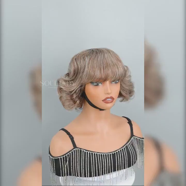 Soul lady Beginner Friendly Brown Mixed Gray Glueless Bob Wig With Bangs Natural Loose Wavy Human Hair Wig For Older Women-video show