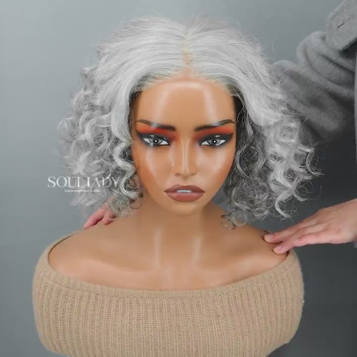 Soul Lady Wigs Salt And Pepper Hair Topper 5"x5" Swiss Lace Closure Bouncy Curly Hair Top Hair Pieces-video show