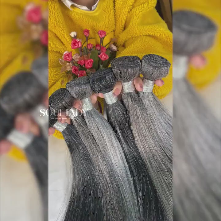 Salt and Pepper Straight Hair Bundles 1/2/3/4 Pcs Natural Grey Hair Extensions 100% Human Hair