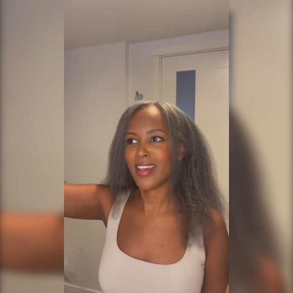 Soul Lady salt and pepper straight drawstring ponytail creates a soft, realistic look, showcasing the elegant and easy-to-wear hairstyle.