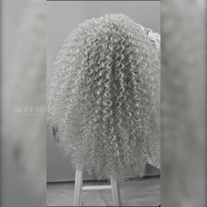 Soul Lady Easy Wear Afro Curly Human Hair Half Wig Light Salt And Pepper Gray Wig With Drawstring & Clips