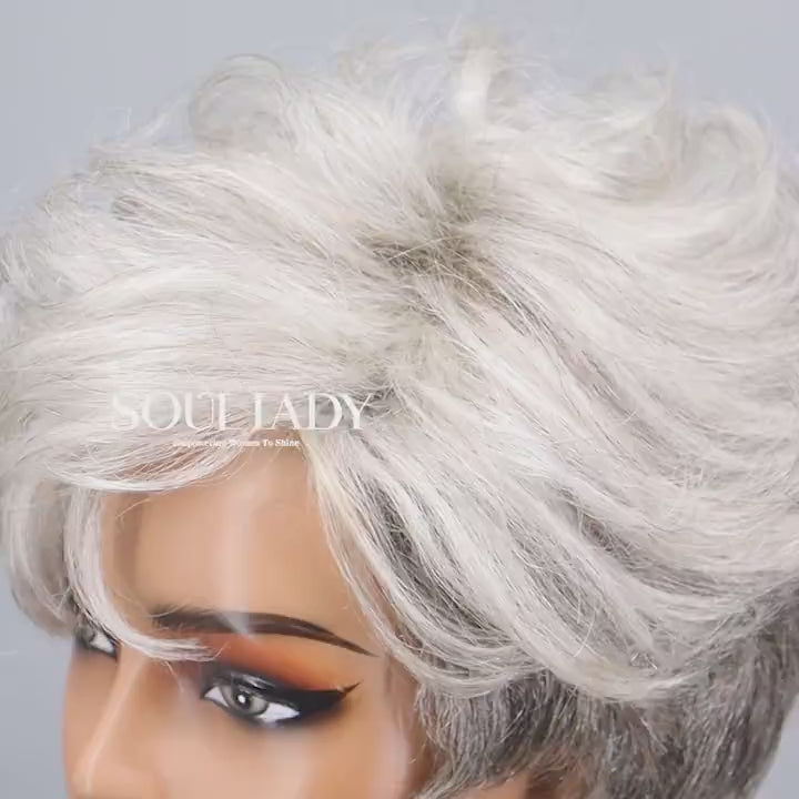 Seniors Short Straight Silver Layered Pixie Cut Wig Light Salt And Pepper Human Hair Glueless Wigs