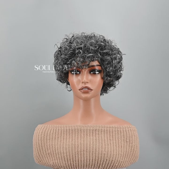 Soul Lady Ready to Wear wig | Medium Salt & Pepper Curly Pixie Wig – Real Human Hair Glueless Wig for black women over 50-video show