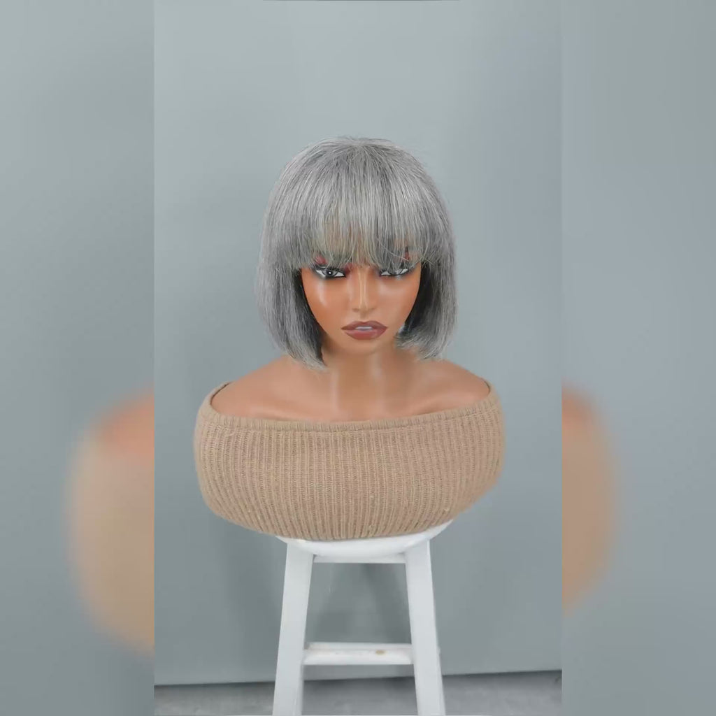 Vivian | Chic Salt & Pepper Straight Bob Wig With Bangs Real Human Hair  10 inch wear and go Glueless Wigs For older women over 50 from Soul Lady Wig Store-video show
