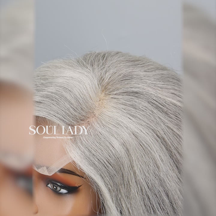 Attractive Silver Black Highlights Salt And Pepper Wig Real Human Hair Body Wave 5x5 HD Lace Wigs