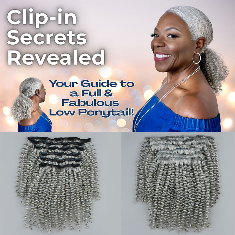 Silver gray salt and pepper clip-in ponytail for older women, 14 inch jerry curly human hair extension, natural look hairstyle worn by mature model Angel Cornelius
