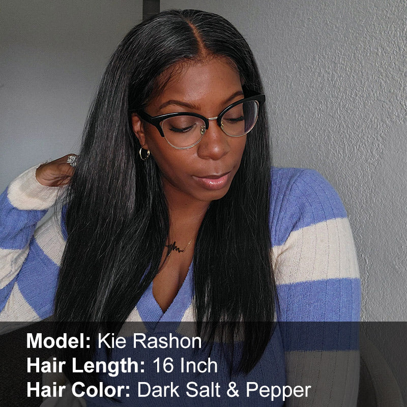 Custom Dark Salt And Pepper Silky Straight Hair Full Frontal 13x4 HD Lace Wig 100% Real Human Hair Pre Plucked Hairline-kie