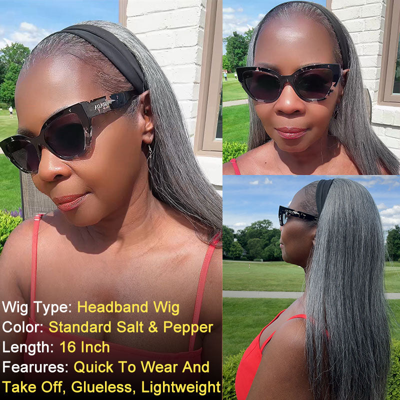 Soul Lady Silver Gray Straight Hair Headband Wig Real Human Hair Glueless Wigs For Women-standard salt and pepper color wig-video