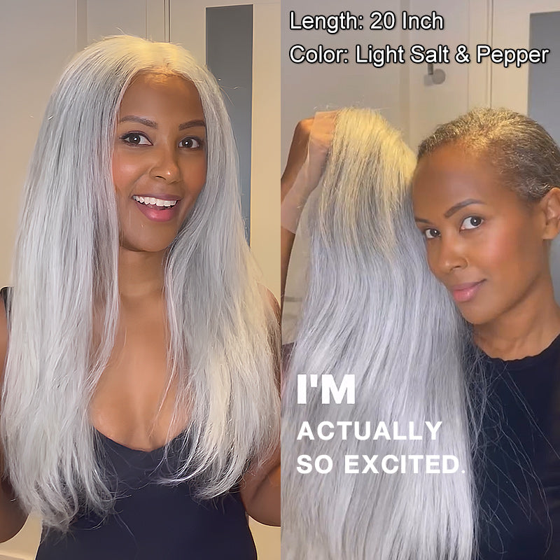 Silver Luxe Gray 13x4 HD Lace Full Frontal Wig Straight Human Hair Salt And Pepper Wig For Women-greyareabybecca-video