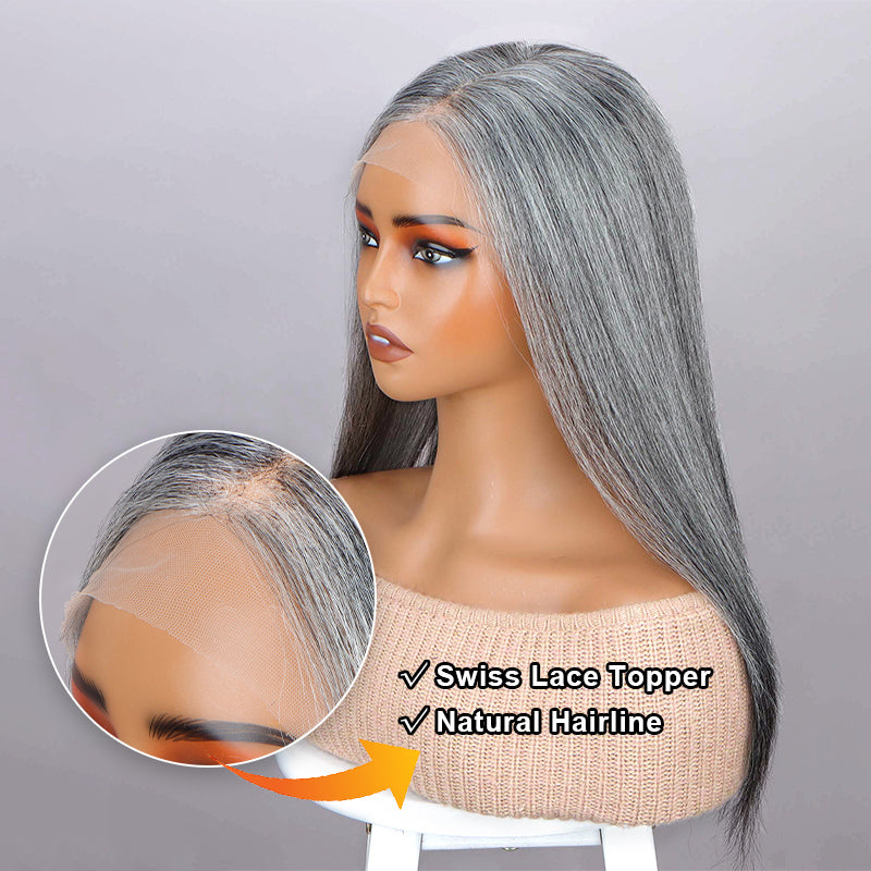 Grey Human Hair Topper 9x6 Swiss HD Lace Closure Salt and  display picture 2
