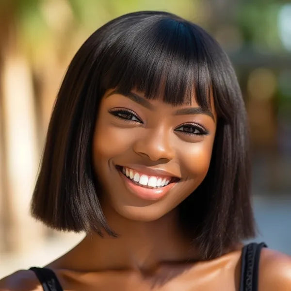 Put On And Go Realistic Glueless Black Straight Bob With Bangs