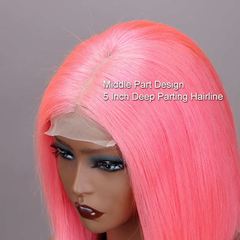 Soul Lady Barbie Pink Bob Silky Straight Human Hair 5x5 HD Lace Closure Wigs Middle Part Lob-hairline show