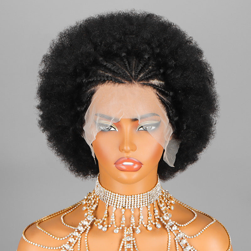 Soul Lady Ready To Go 13x4 Lace Frontal Wig with Braided Crown & Kinky Curly Afro Puff Human Hair -front show