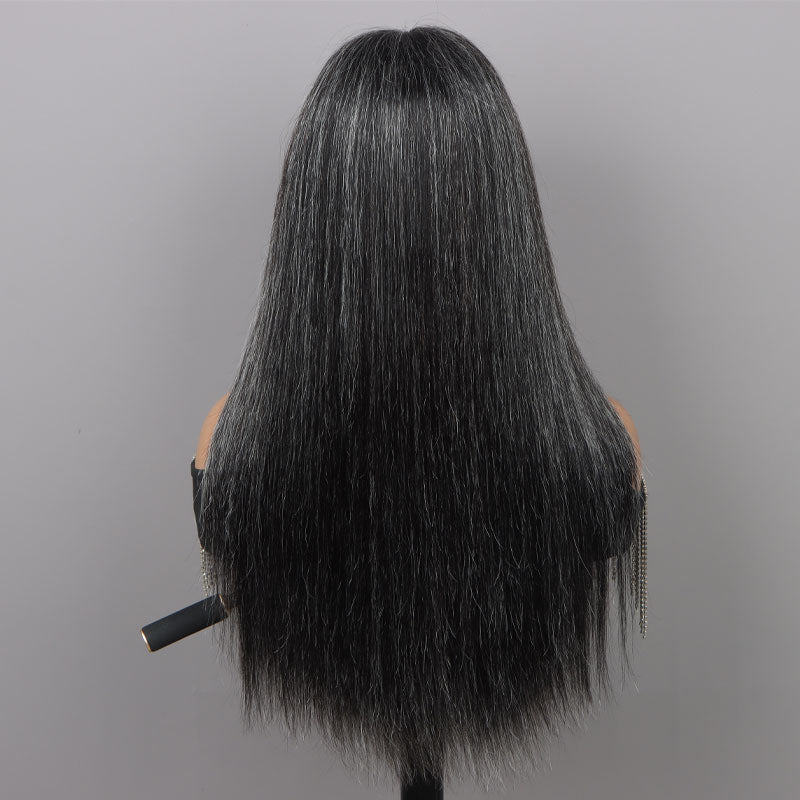 Dark Salt And Pepper Silky Straight Hair Full Frontal 13x4.5 HD Lace Wig 100% Real Human Hair Pre Plucked Hairline-back show