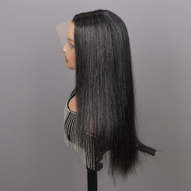 Dark Salt And Pepper Silky Straight Hair Full Frontal 13x4.5 HD Lace Wig 100% Real Human Hair Pre Plucked Hairline-side show