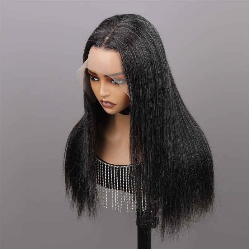 Dark Salt And Pepper Silky Straight Hair Full Frontal 13x4.5 HD Lace Wig 100% Real Human Hair Pre Plucked Hairline-side front show