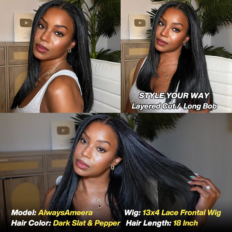 Soul lady wigs | Trendy Dark Salt And Pepper Straight Human Hair Full Frontal 13x4 HD Lace Wig For Women-model-AlwaysAmeera-different sides show of the wig