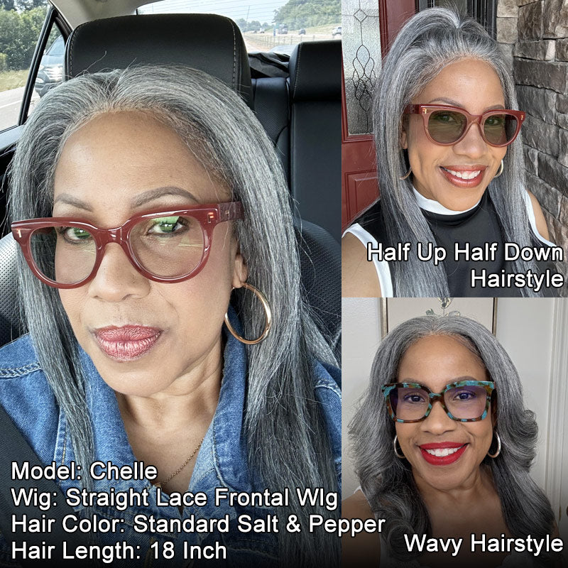 Silver Luxe Gray 13x4 HD Lace Full Frontal Wig Straight Human Hair Salt And Pepper Wig For Women-model real life with al and chelle