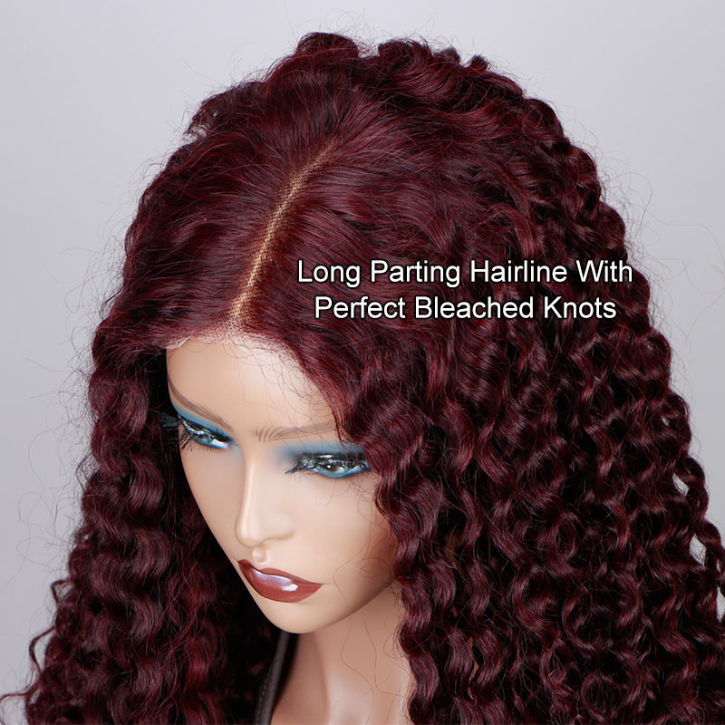 Soul Lady 99J Dark Burgundy Jerry Curly Wig Long Human Hair 5x5 HD Lace Middle Part Wigs-hairline show