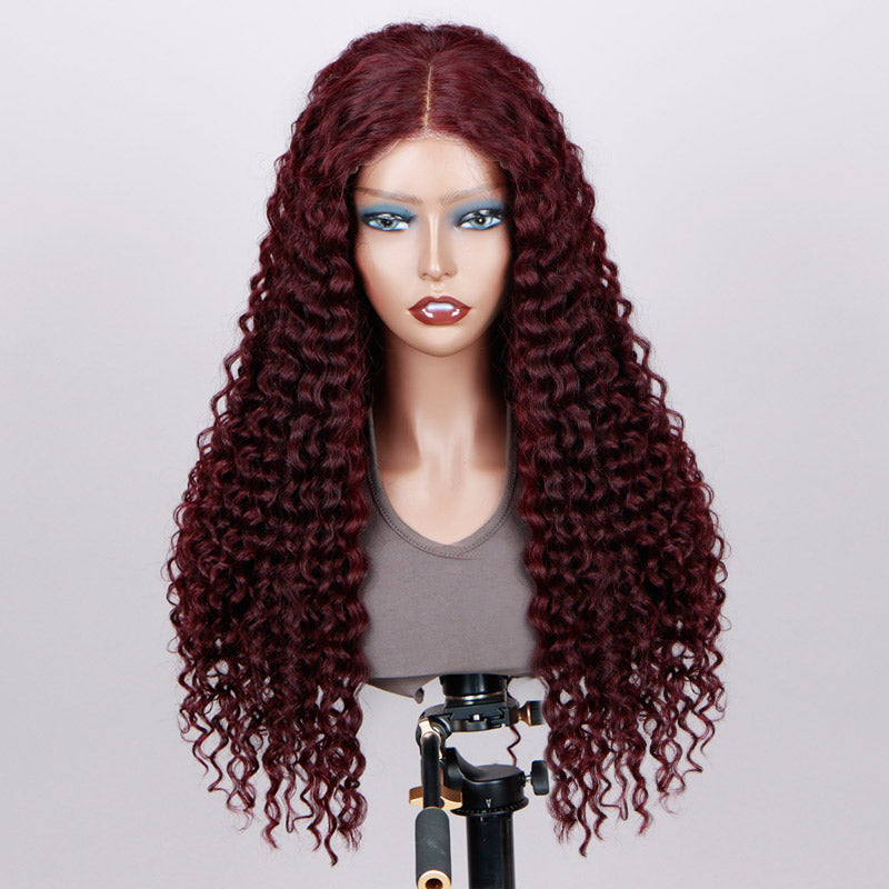 Soul Lady 99J Dark Burgundy Jerry Curly Wig Long Human Hair 5x5 HD Lace Middle Part Wigs