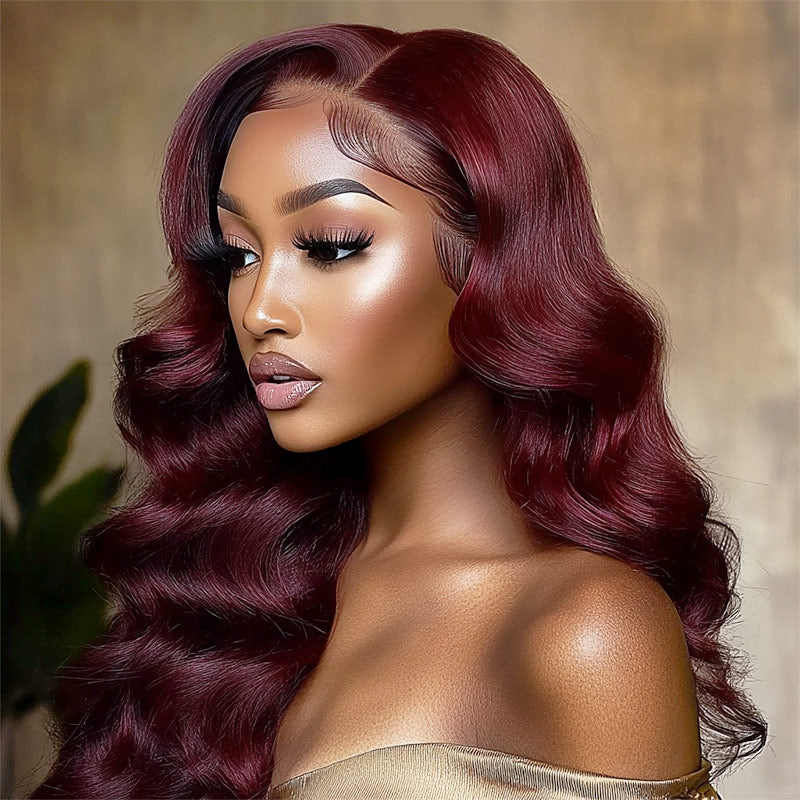 Soul Lady Body Wave 99J Dark Burgundy Wig Long Human Hair 5x5 HD Lace Wigs Middle Part-model-show