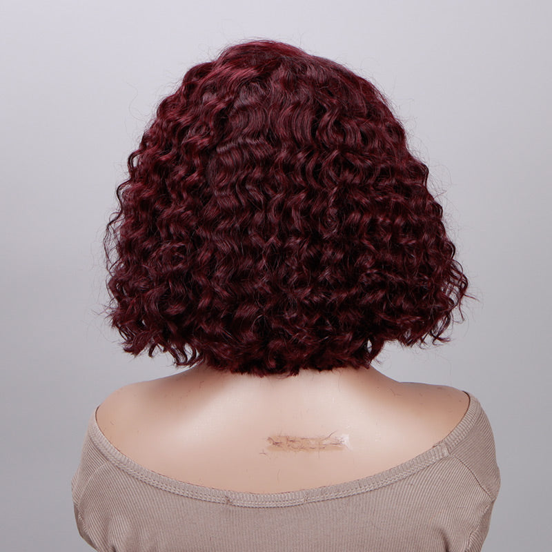 Soul Lady 99j Dark Burgundy Water Wave Curly Bob 5x5 HD Lace Glueless Human Hair Wigs Side C-Part-back show