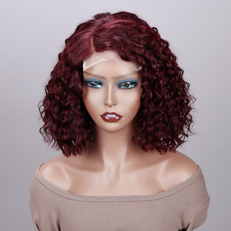 Soul Lady 99j Dark Burgundy Water Wave Curly Bob 5x5 HD Lace Glueless Human Hair Wigs Side C-Part-front show