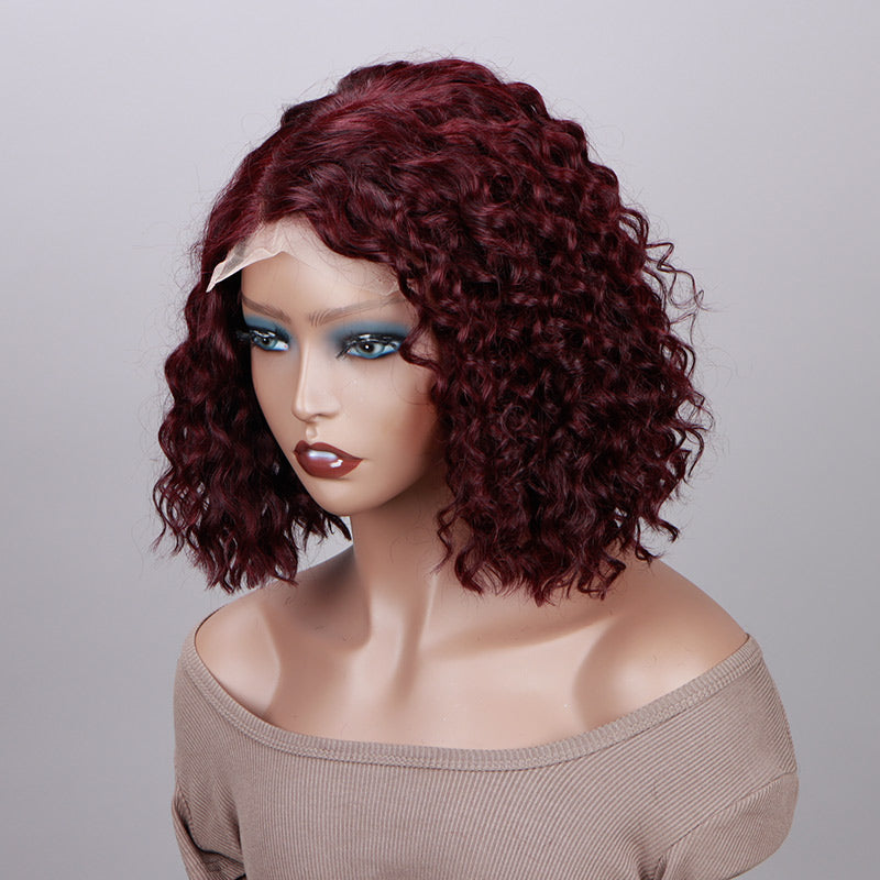 Soul Lady 99j Dark Burgundy Water Wave Curly Bob 5x5 HD Lace Glueless Human Hair Wigs Side C-Part-side front show