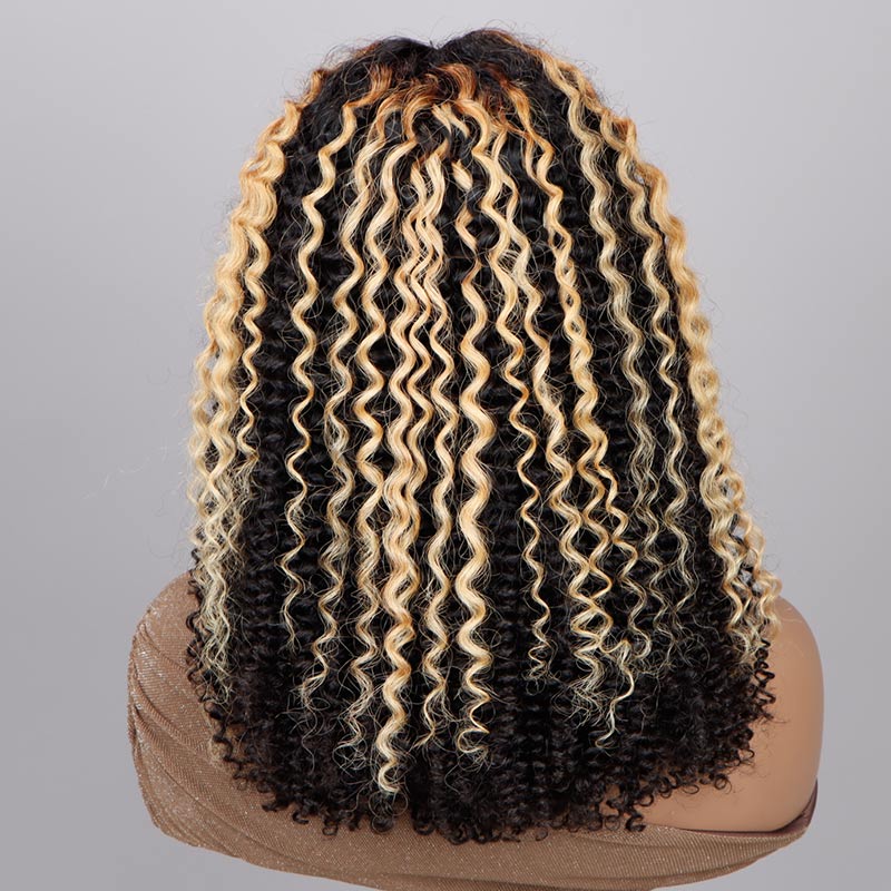Soul Lady Ready To Go 6x4 Pre Cut Lace Glueless Wig Golden Blonde Highlights On Dark Kinky Curly Human Hair-back show