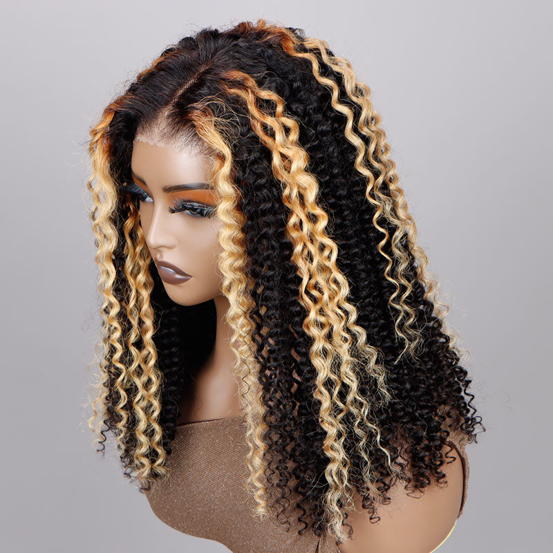 Soul Lady Ready To Go 6x4 Pre Cut Lace Glueless Wig Golden Blonde Highlights On Dark Kinky Curly Human Hair-side front show