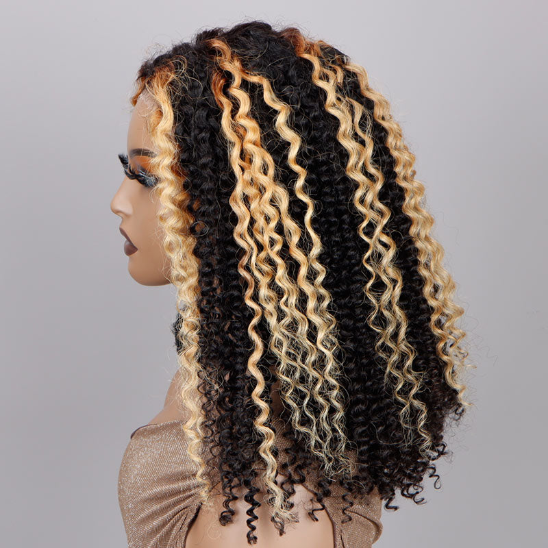 Soul Lady Ready To Go 6x4 Pre Cut Lace Glueless Wig Golden Blonde Highlights On Dark Kinky Curly Human Hair-side show