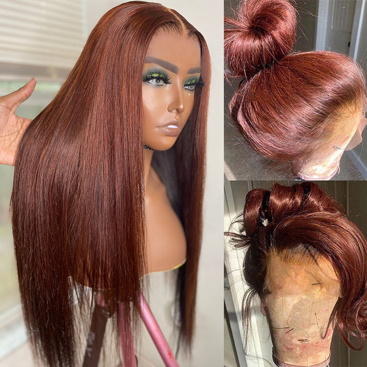 Soul Lady Flash Sale $120 Off #33 Reddish Brown Straight HD Lace Wig Auburn Copper Color Human Hair Wigs