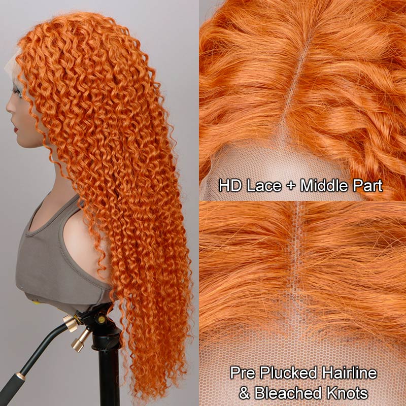 Soul Lady #350 Ginger Orange Jerry Curly Human Hair 13x4 HD Lace Full Frontal Wig With Perfect Bleached Knots-hairline