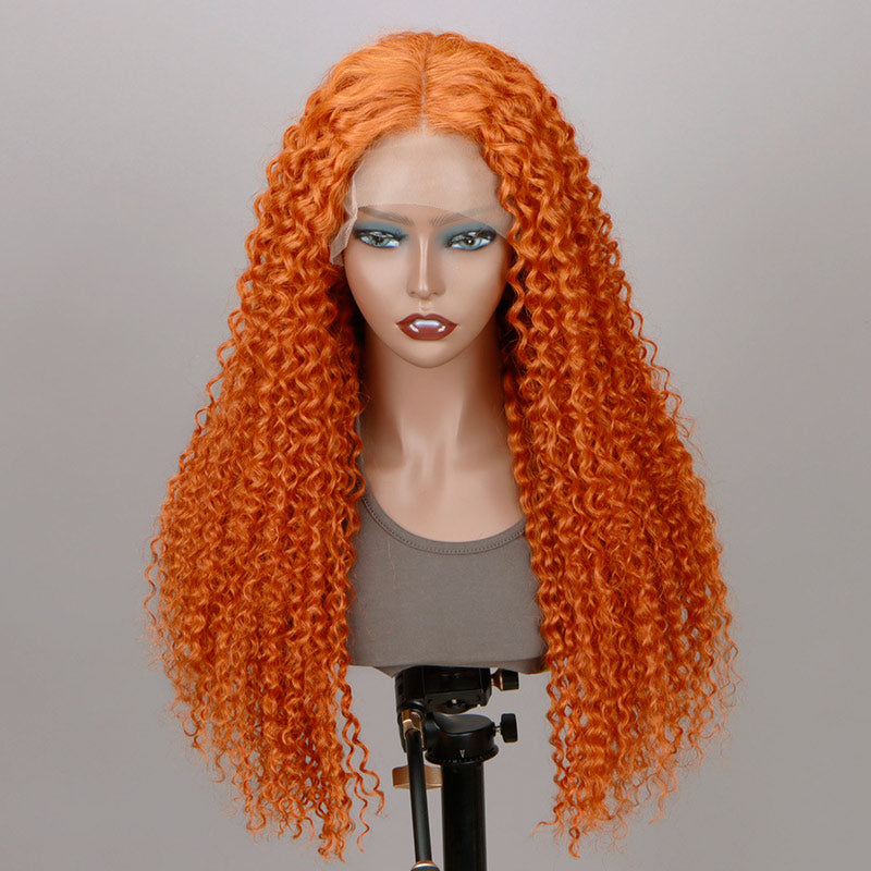 Soul Lady #350 Ginger Orange Jerry Curly Human Hair 13x4 HD Lace Full Frontal Wig With Perfect Bleached Knots-front