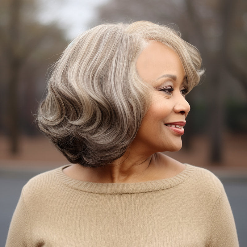 Soul Lady Seniors Wig Wavy Bob Wig 100% Human Hair 4x4 Lace Closure Wig For Mom Light Golden Blonde Mix Brown Color