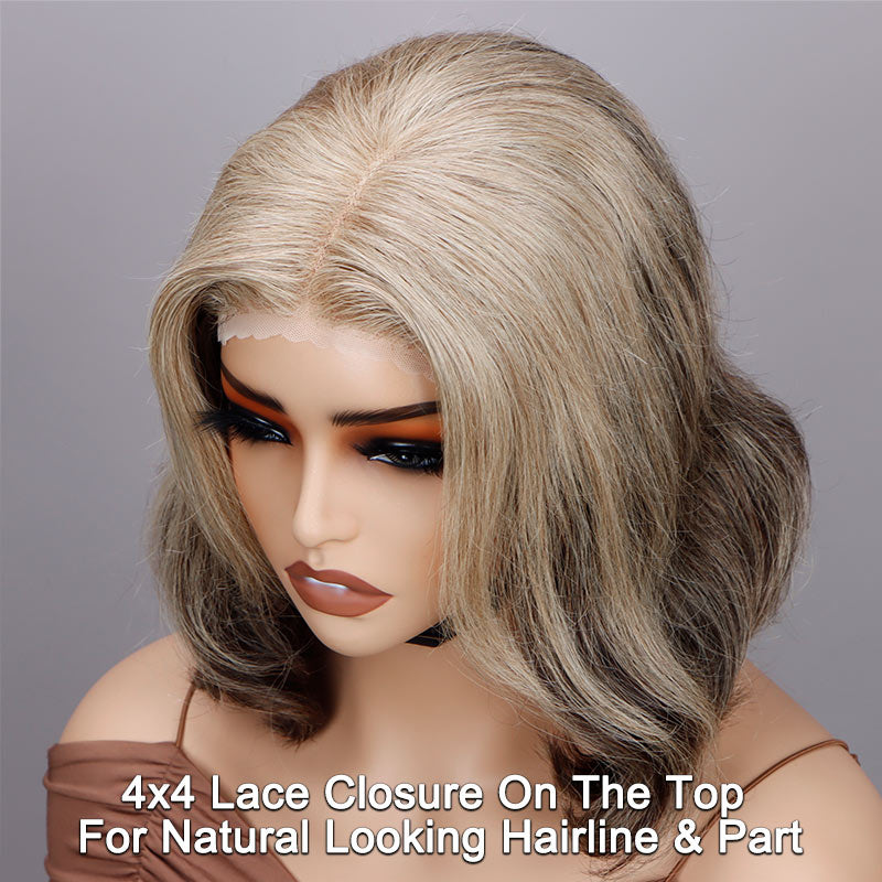 Soul Lady Seniors Wig Wavy Bob Wig 100% Human Hair 4x4 Lace Closure Wig For Mom Light Golden Blonde Mix Brown Color