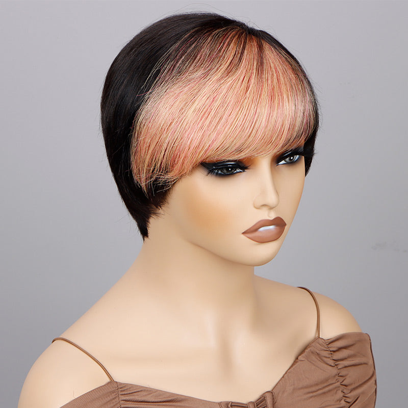 Custom Light Orange Pink Wig Short Straight Edgy Pixie Haircut With Two-Toned Layers Human Hair Wear And Go Glueless Wig-sides